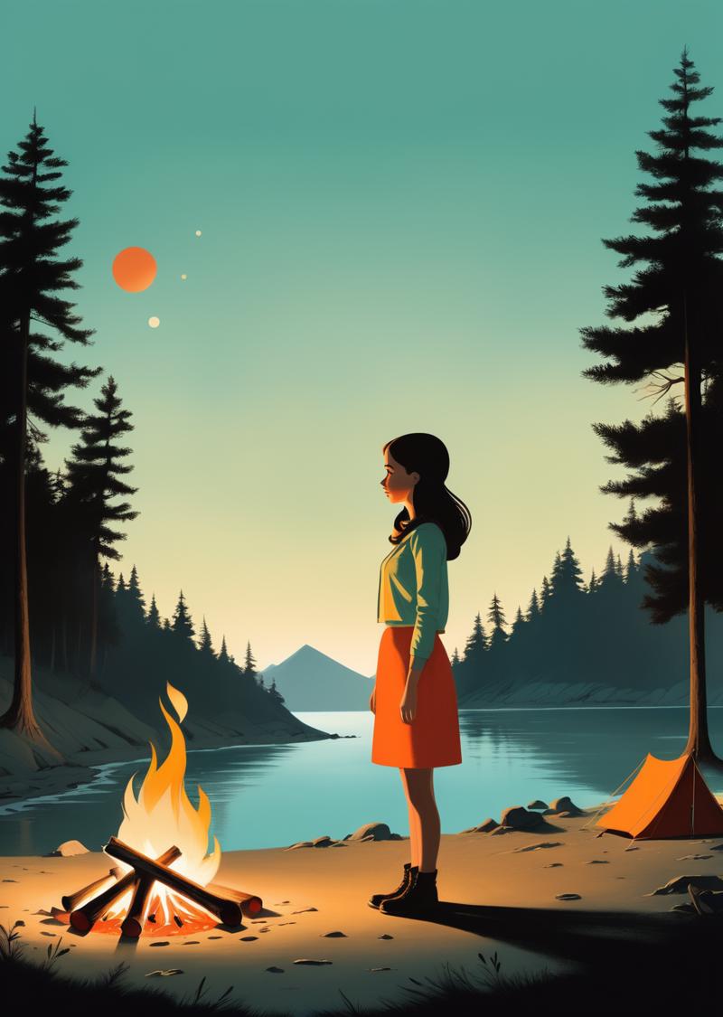 00464-1273269822-1 young woman_dutch angle __camping _camp fire_shore _shadow__cartoon  surreal, whimsical_ (by Oliver Jeffers).png